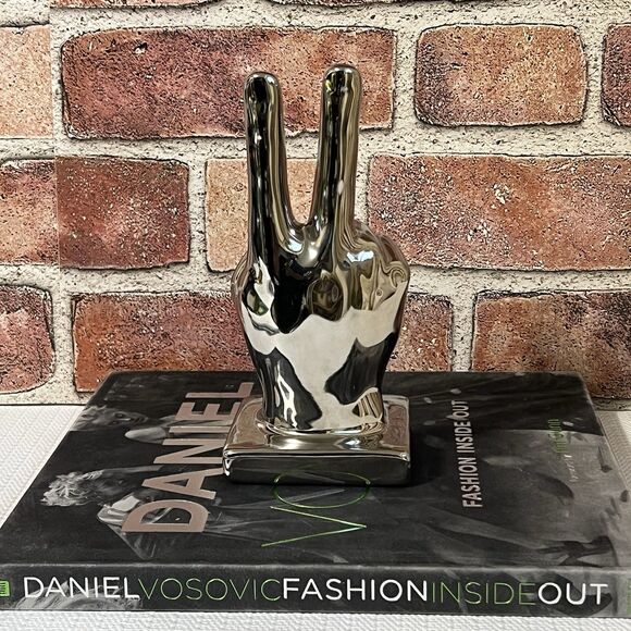 Ceramic Peace Sign Hand Sculpture Figurine Metallic Silver Tone BOHO Decor - Picture 3 of 16